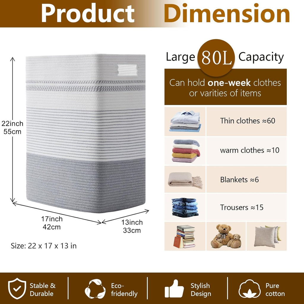 Laundry Hamper, Large Woven Rope Tall Laundry Basket with Handles, 22" X 17" X 13", Decorative Storage Basket for Clothes and Blankets in Living room, Bedroom, Grey & White