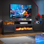 oneinmil 70 Inch Electric Fireplace TV Stand with Power Outlets, Modern Entertainment Center with LED Lights & Storage Cabinets for 80 Inch TVs, Media Console Table for Living Room, Black