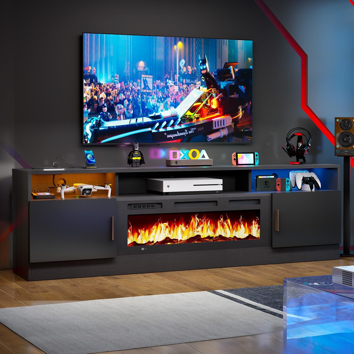 oneinmil 70 Inch Electric Fireplace TV Stand with Power Outlets, Modern Entertainment Center with LED Lights & Storage Cabinets for 80 Inch TVs, Media Console Table for Living Room, Black