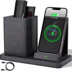 Multi-Functional Pencil Holder for Desk,Gray Vegan Leather Organizers with Remote Control Holder,Pencil Holder,Desk Organizer with Phone Wireless Charger for Office/Nightstand/Endtable