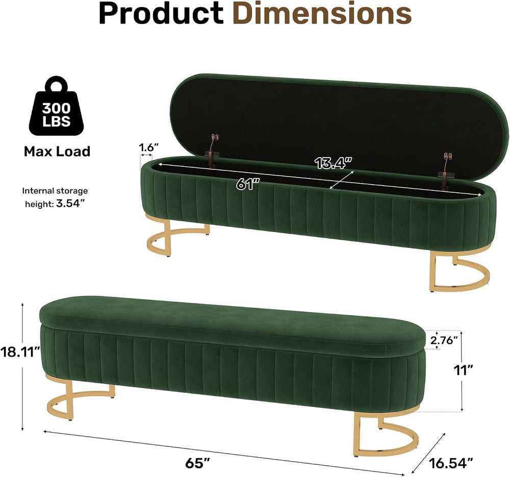 65" Velvet Storage Ottoman Bench End of Bed for Bedroom Entryway Green |...
