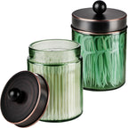 Amolliar Sage Green Apothecary Glass Jar With Metal Lid & Stickers, Bathroom Qtip Holder Storage Canister, Farmhouse Decor for Cotton Balls, Cotton Swabs, Makeup Pads, Bath Salt, Floss, ORB 2 Pack