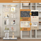 Beauty4U Glass Display Cabinet with Lights, 5 Shelves with 2 Doors, Curio Cabinets for Living Room, Bedroom, Office, White Floor Standing Glass Bookshelf, Quick Installation