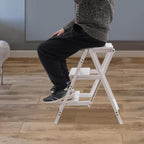 Step Stool for Adults Step Ladder Counter Chair, 3-Step Folding Portable Wooden Step Stool for Library Home Kitchen, 220 lbs White