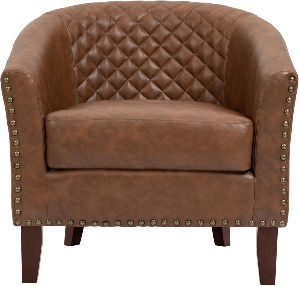PU Leather Barrel Accent Chairs Set of 2, Modern Upholstered Armchair Round Club Chair for Living Room, Comfy Nailed Trim Arm Chair Bedroom Side Reading Seat - Brown