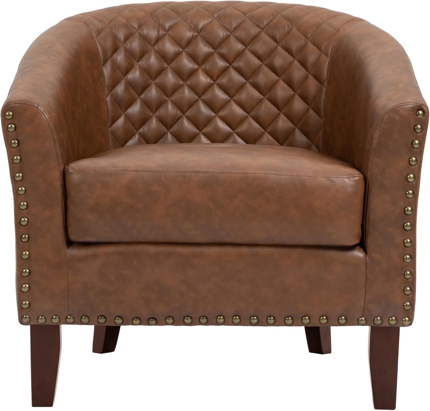 PU Leather Barrel Accent Chairs Set of 2, Modern Upholstered Armchair Round Club Chair for Living Room, Comfy Nailed Trim Arm Chair Bedroom Side Reading Seat - Brown