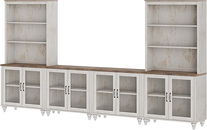 WAMPAT Entertainment Center with Bookshelves for TVs up to 75", Farmhouse Wall Unit TV Stand with Glass Doors, Media Console Table for Living Room, Bedroom & Home Theater, Rustic White
