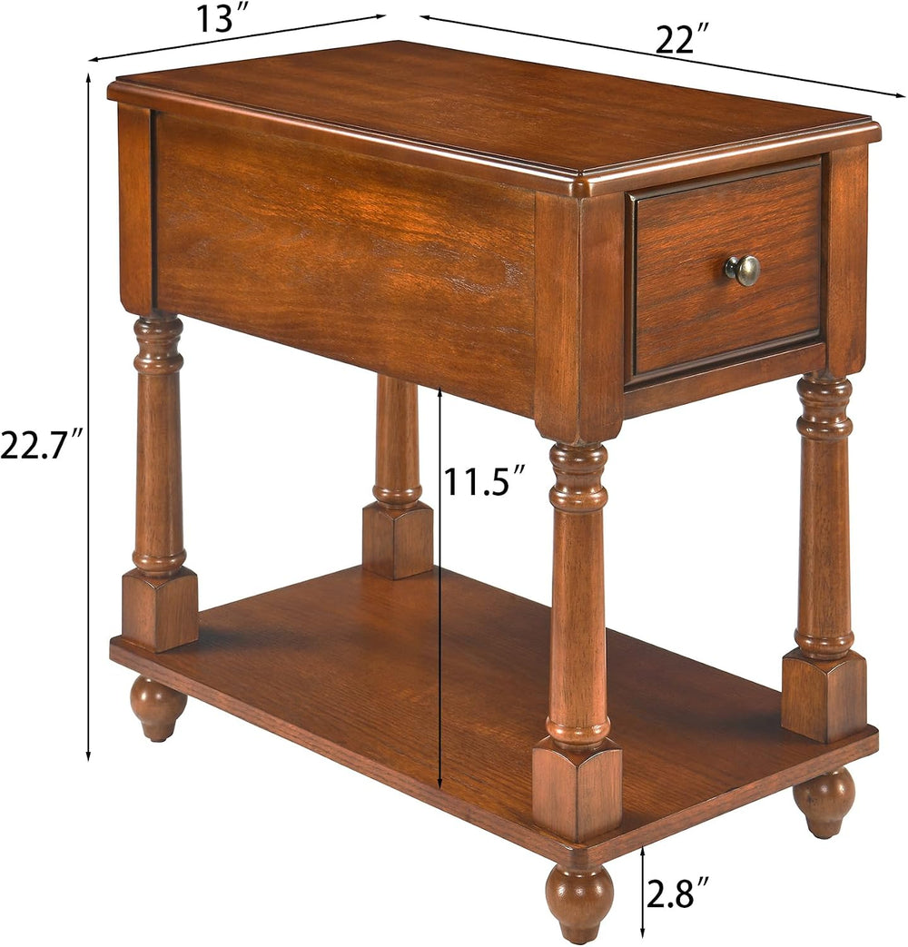 Set of 2 Narrow End Table with Drawer, 2-Tier Tables, Cherry Brown | Skinny E...
