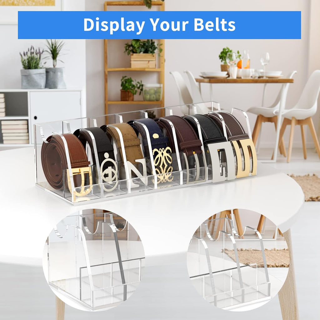 FEMELI Belt Organizer Acrylic Clear Case Storage Holder for Closet and Drawer, 7 Compartments Tie Box Container with Display Stand