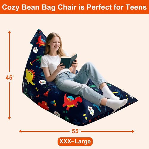 3.8 Ft Dinosaur Bean Bag Chair for Adults with Memory Foam Filling, Bean Bag Chair with Soft Velvet Cover, Bean Bag Sofa Couch for Living Room Bedroom, Birthday Gift for Women Men, XXX-Large