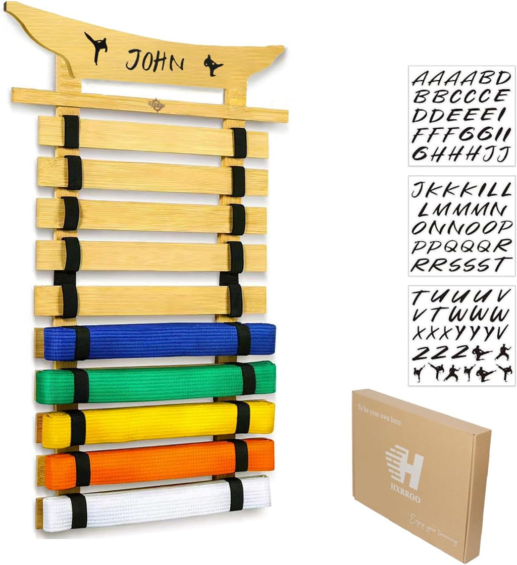 10Belts Taekwondo Belt Display, Rack with Stickers, Martial Arts Belt Display Holder, Karate Belt Jiu Jitsu Belt BJJ Belt Display Hanging Holder for Kids and Adults Gifts