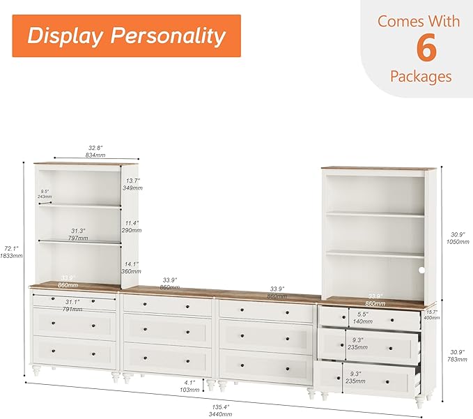 WAMPAT Entertainment Center with Bookshelves for TVs up to 75", Farmhouse Wall Unit TV Stand with Drawers, Media Console Table for Living Room, Bedroom & Home Theater, White