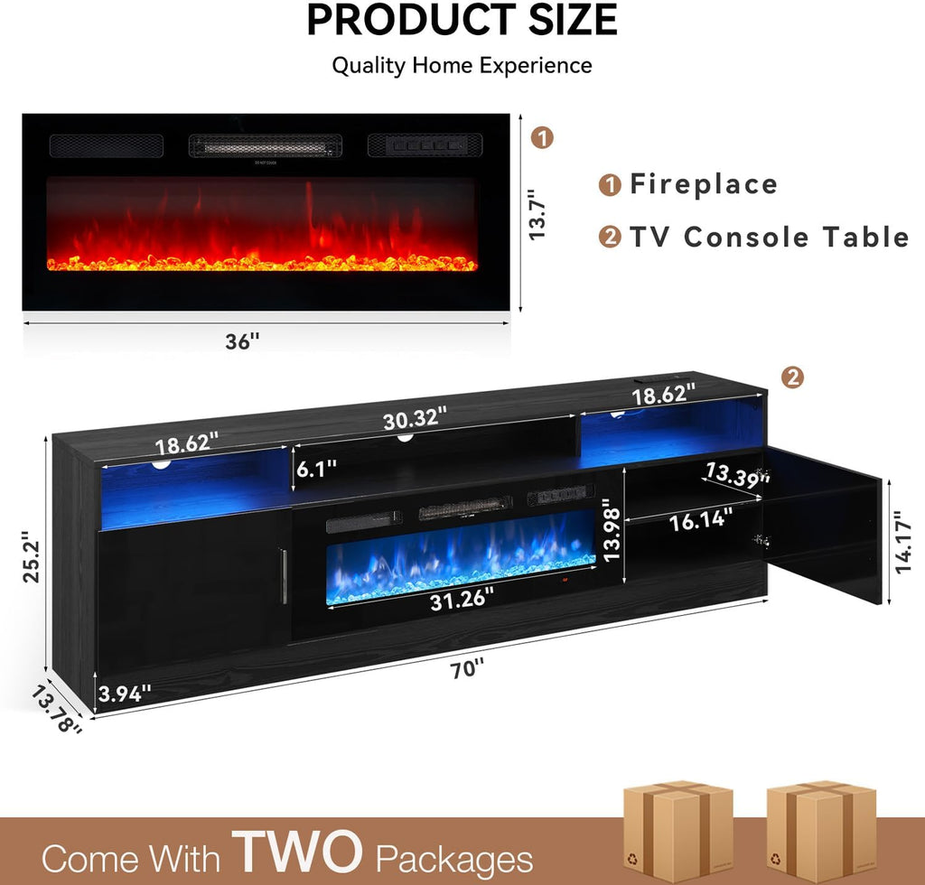 oneinmil 70 Inch Electric Fireplace TV Stand with Power Outlets, Modern Entertainment Center with LED Lights & Storage Cabinets for 80 Inch TVs, Media Console Table for Living Room, Black