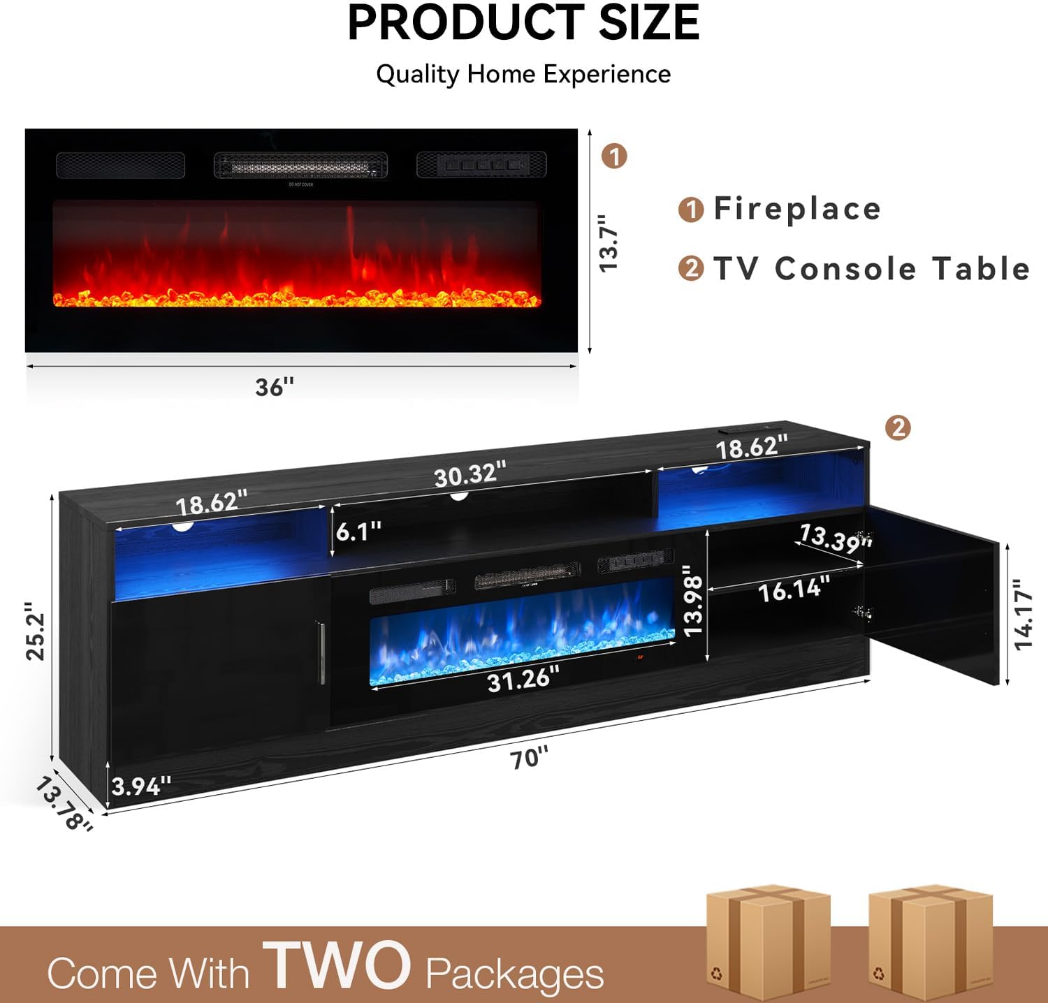 oneinmil 70 Inch Electric Fireplace TV Stand with Power Outlets, Modern Entertainment Center with LED Lights & Storage Cabinets for 80 Inch TVs, Media Console Table for Living Room, Black
