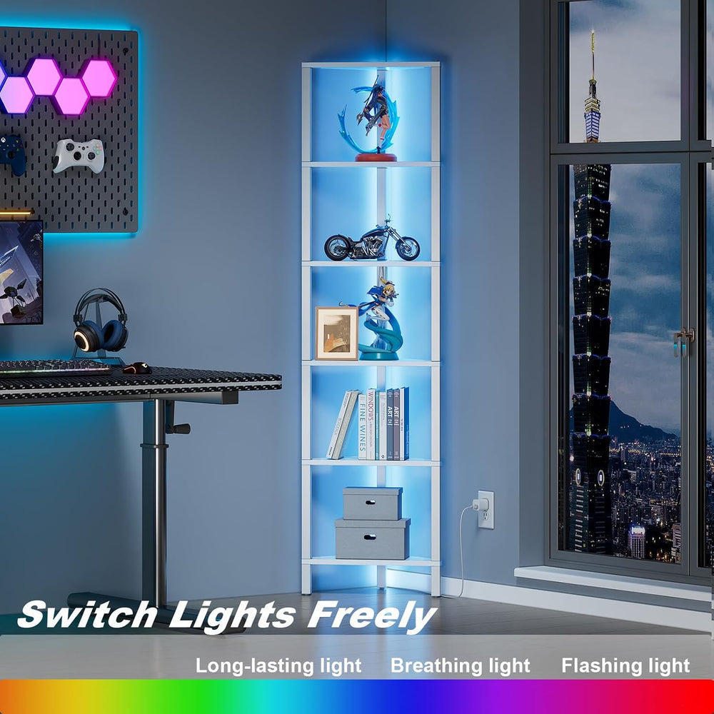 TUTOTAK 6-Tier Corner Bookshelf with LED Light, Corner Shelf