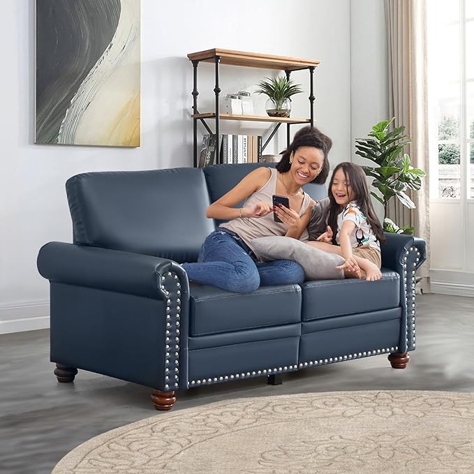 Faux Leather Loveseat Sofa, 59" W Mid Century Modern Couch with Storage, Comfy 2 Seater Sofa with Nailhead Trim & Rolled Armrests, Deep Seat Small Couch for Living Room, Apartment, Office (Navy)
