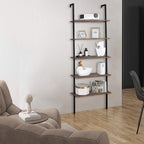 5-Tier Wall Mounted Ladder Shelf, Industrial Bookshelf with Metal Frame, Rustic Brown Bookcase for Home Office Living Room, Storage Rack for Home Office,Industrial Display Rack Books