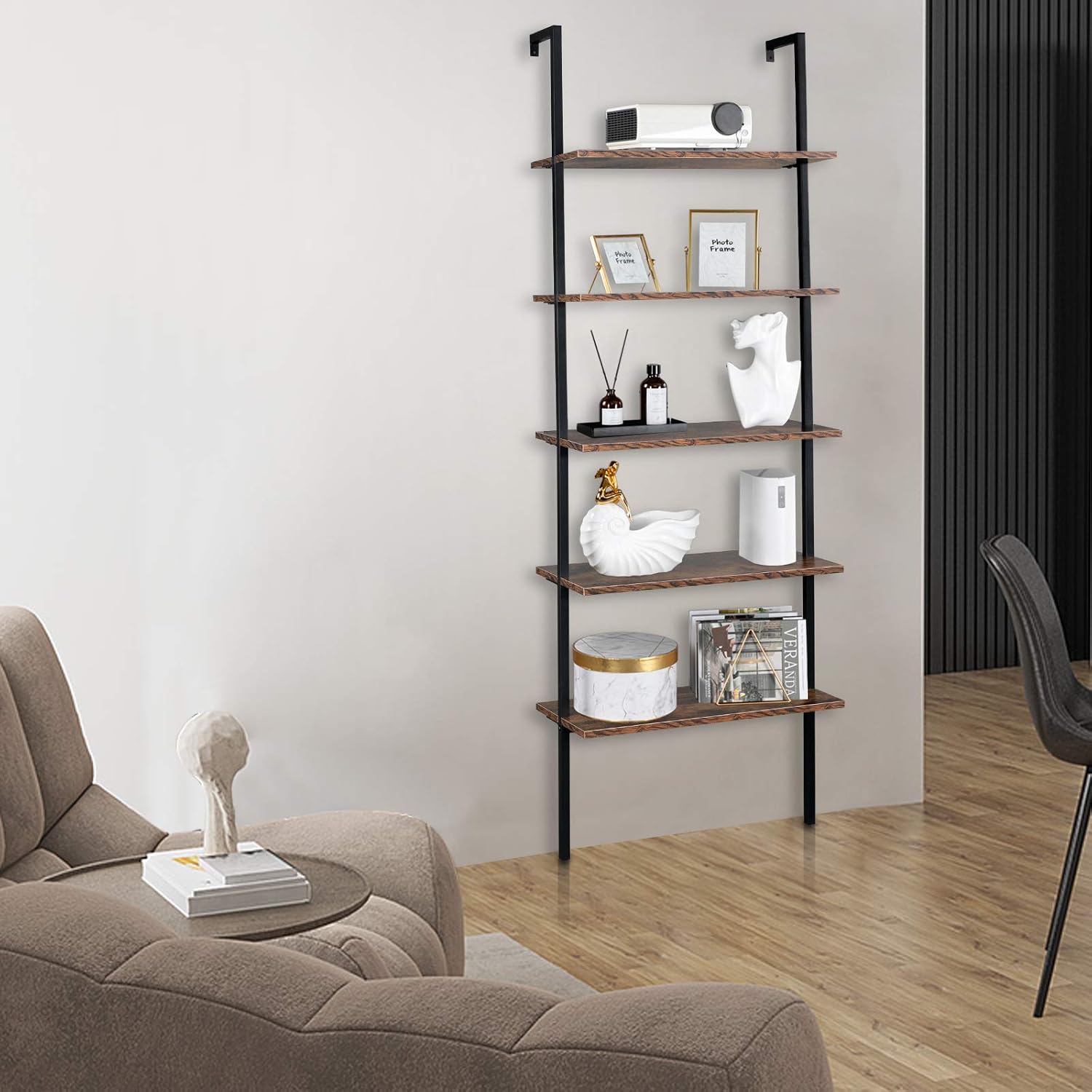 5-Tier Wall Mounted Ladder Shelf, Industrial Bookshelf with Metal Frame, Rustic Brown Bookcase for Home Office Living Room, Storage Rack for Home Office,Industrial Display Rack Books