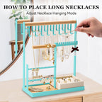 DreamGenius Jewelry Organizer Stand with Velvet Ring Holder, 4 Tier Jewelry Holder Organizer with 15 Hooks for Necklaces and 16 Holes for Earrings, Blue