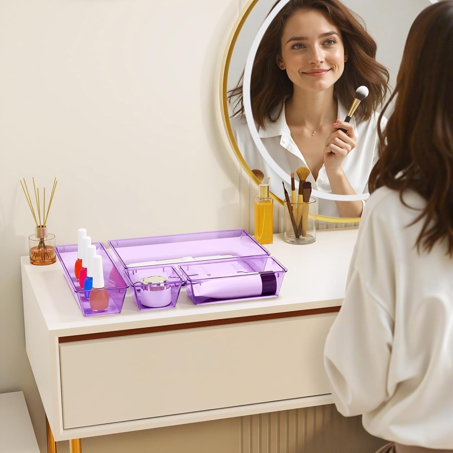 32 PCS Clear Plastic Drawer Organizer Set, 4-Size vanity organizer Trays and Storage Bins for Makeup, Jewelry and Gadgets in Bedroom, Bathroom and Office, Clear Purple