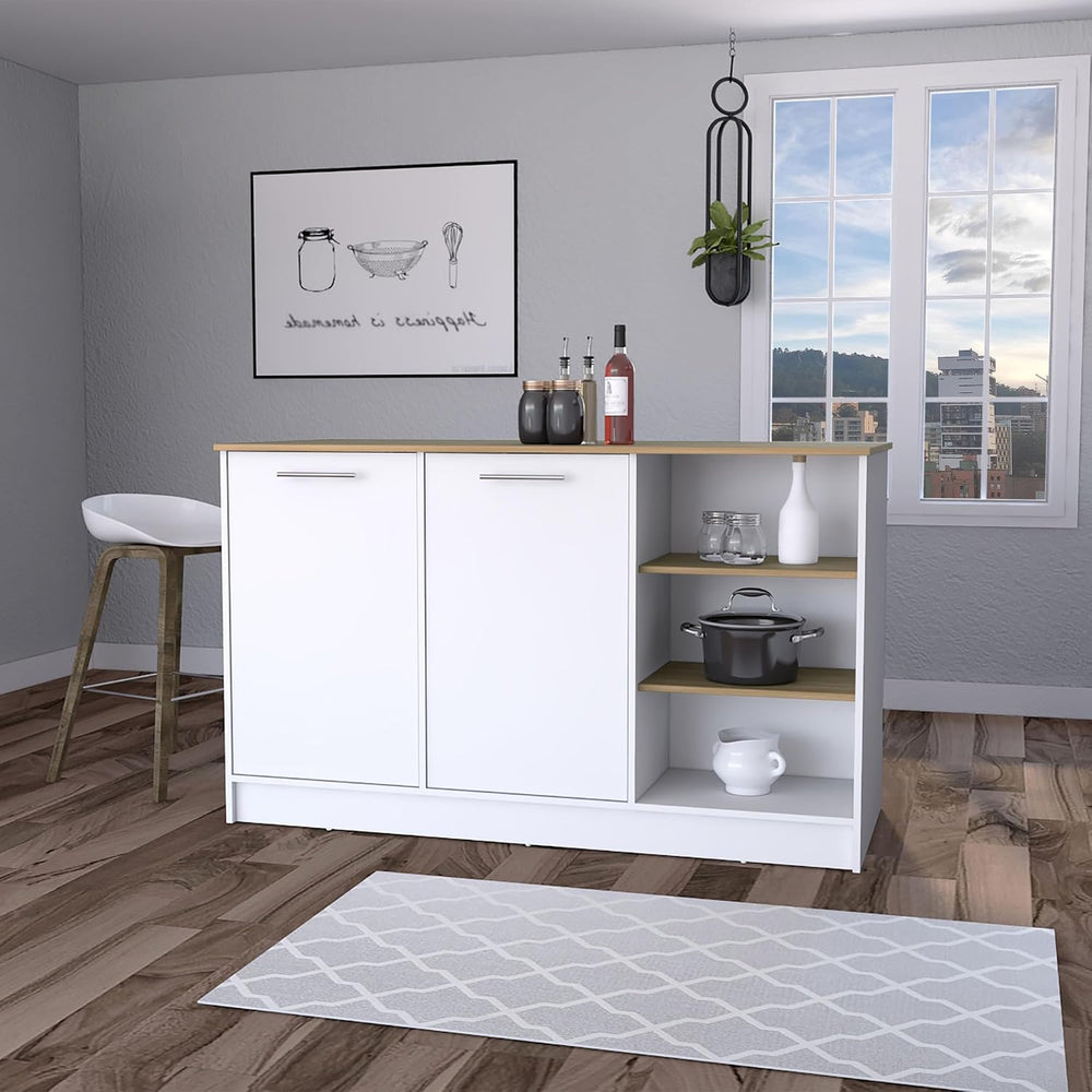 Melamine Kitchen Island with Two Doors and Three Open Shelves | Two doors wit...