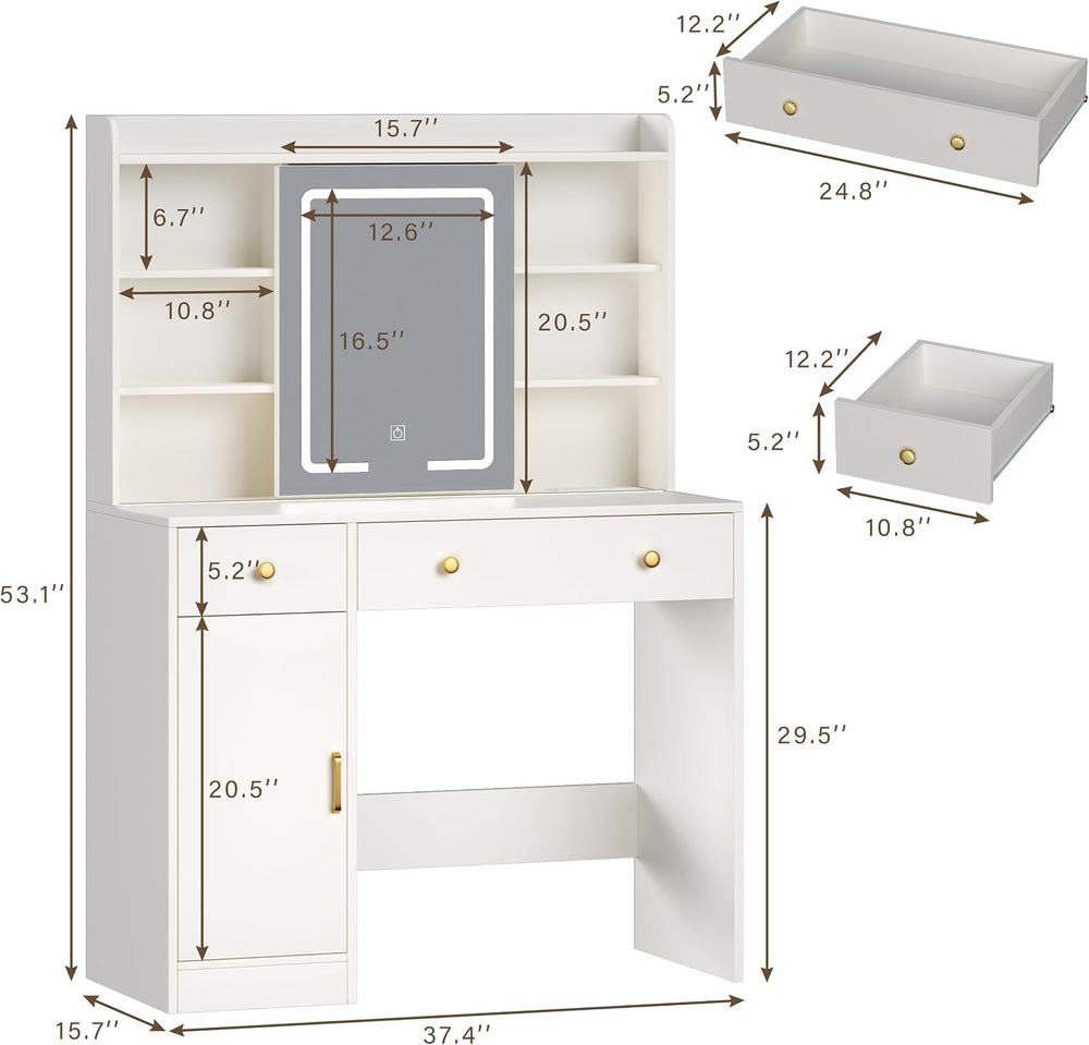 HUAHUU 37.4" Vanity Desk with Mirror and Lights, Makeup Vanity with LED ...