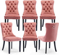 Velvet Upholstered Dining Chairs Set of 6, Modern Style Kitchen Side Chairs with Nailhead Trim and Wood Legs,Metal Pulling Ring for Dining Room Living Room(Pink)