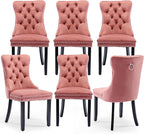 Velvet Upholstered Dining Chairs Set of 6, Modern Style Kitchen Side Chairs with Nailhead Trim and Wood Legs,Metal Pulling Ring for Dining Room Living Room(Pink)