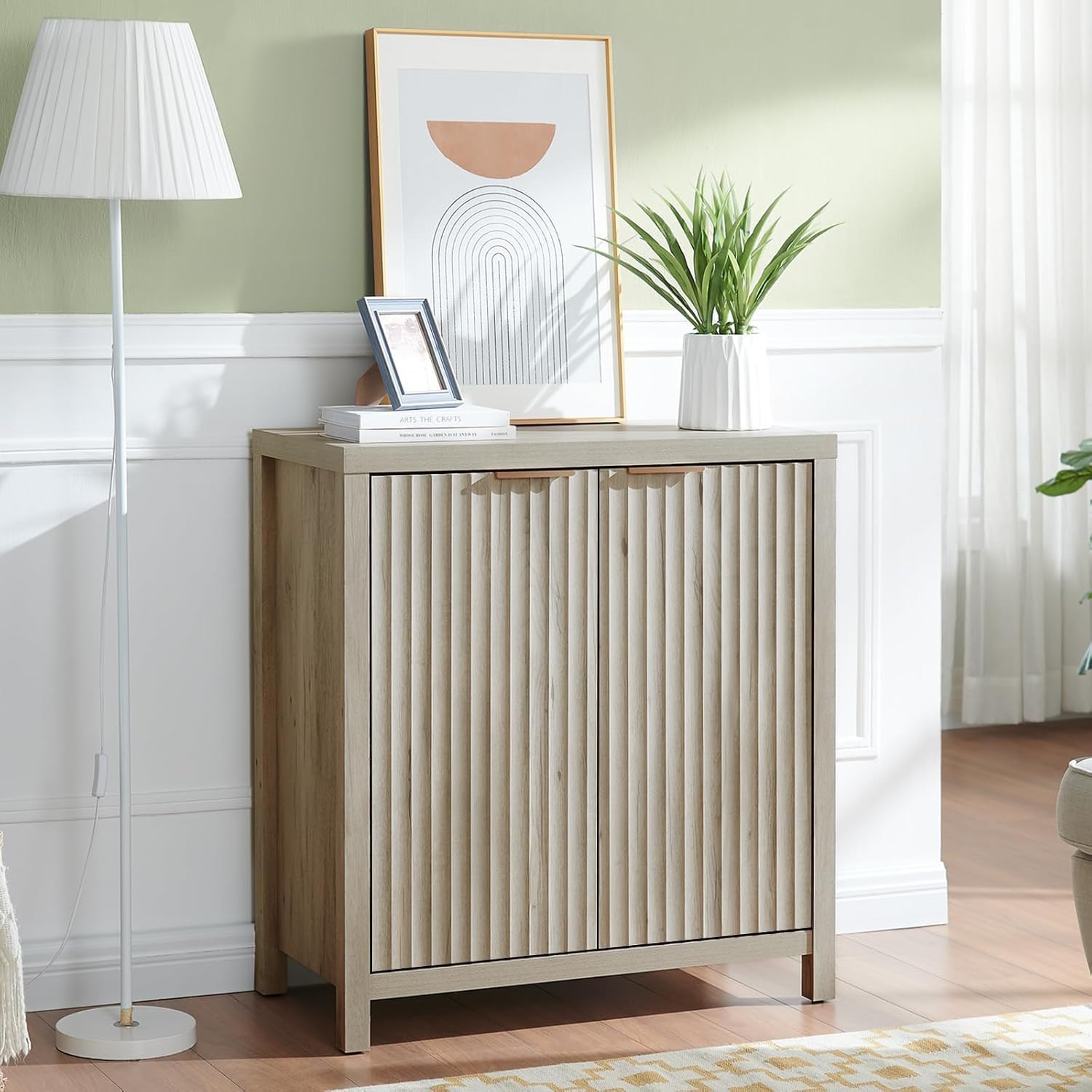OAKHAM HOME Oxford Storage Cabinet Fluted Sideboard Buffet with Adjustable Shelves, Modern Accent Console Set of 3 (Grey)