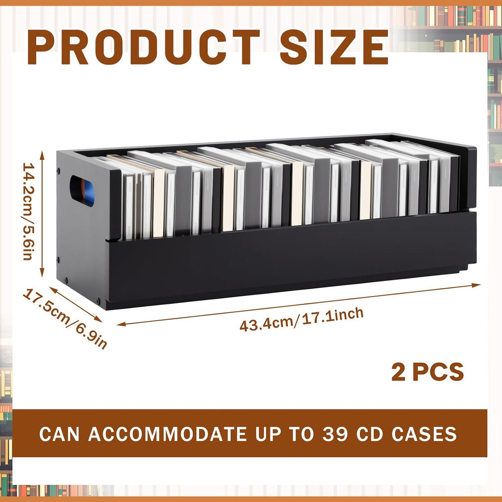 CroBlissful 2 Set Wooden CD Storage Box Holder Shelf Cassette Tape Display Racks with Carrying Handles, Organizer Shelf for Movie Cases, DVDs, Each Set Can Store up to 36 Pcs CDs (Black)