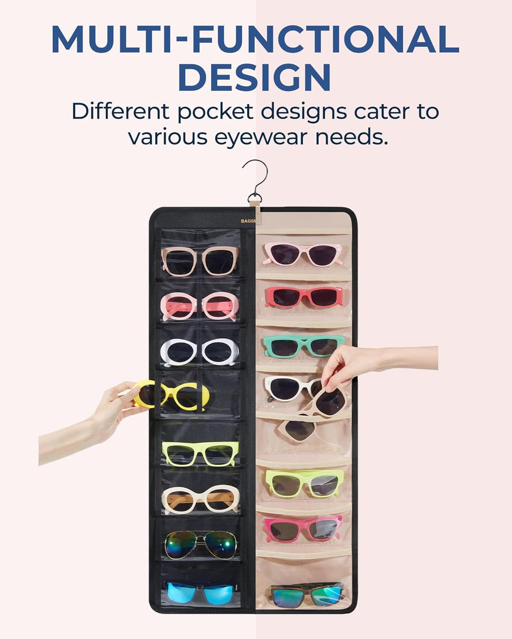 BAGSMART Hanging Jewelry Organizer, Dust Proof Sunglasses Storage Case Wall Mounted, Travel Dual Sided Glasses Case Multiple Pairs, Eyeglasses Holder with 32 Clear Slots & Metal Hook, Black