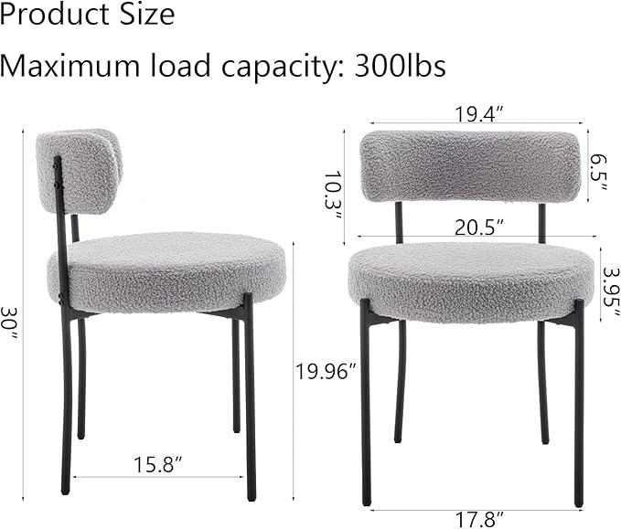Boucle Dining Chairs Set of 4, Upholstered Dining Room Chairs with Black Metal Legs, Round Modern Dining Chair for Dining Room, Kitchen (Light Grey)