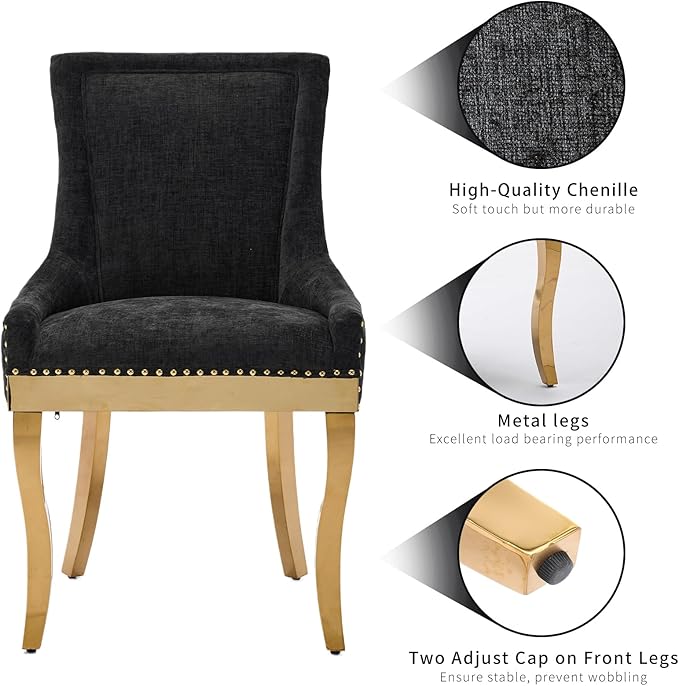 Dining Chairs Set of 8, Kitchen & Dining Room Chairs, Chenille Fabric Upholstered Dinning Chairs, Sillas De Comedor, Nailhead Trim, Metal Legs (Black, 8 Pcs)