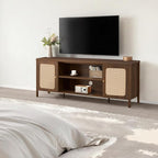 Rattan TV Stand for TVs up to 75'' Boho Entertainment Center with Adjustable Shelf Television Stand with 2 Storage Cabinets Media Console Wooden TV Cabinet for Living Room Bedroom,Walnut