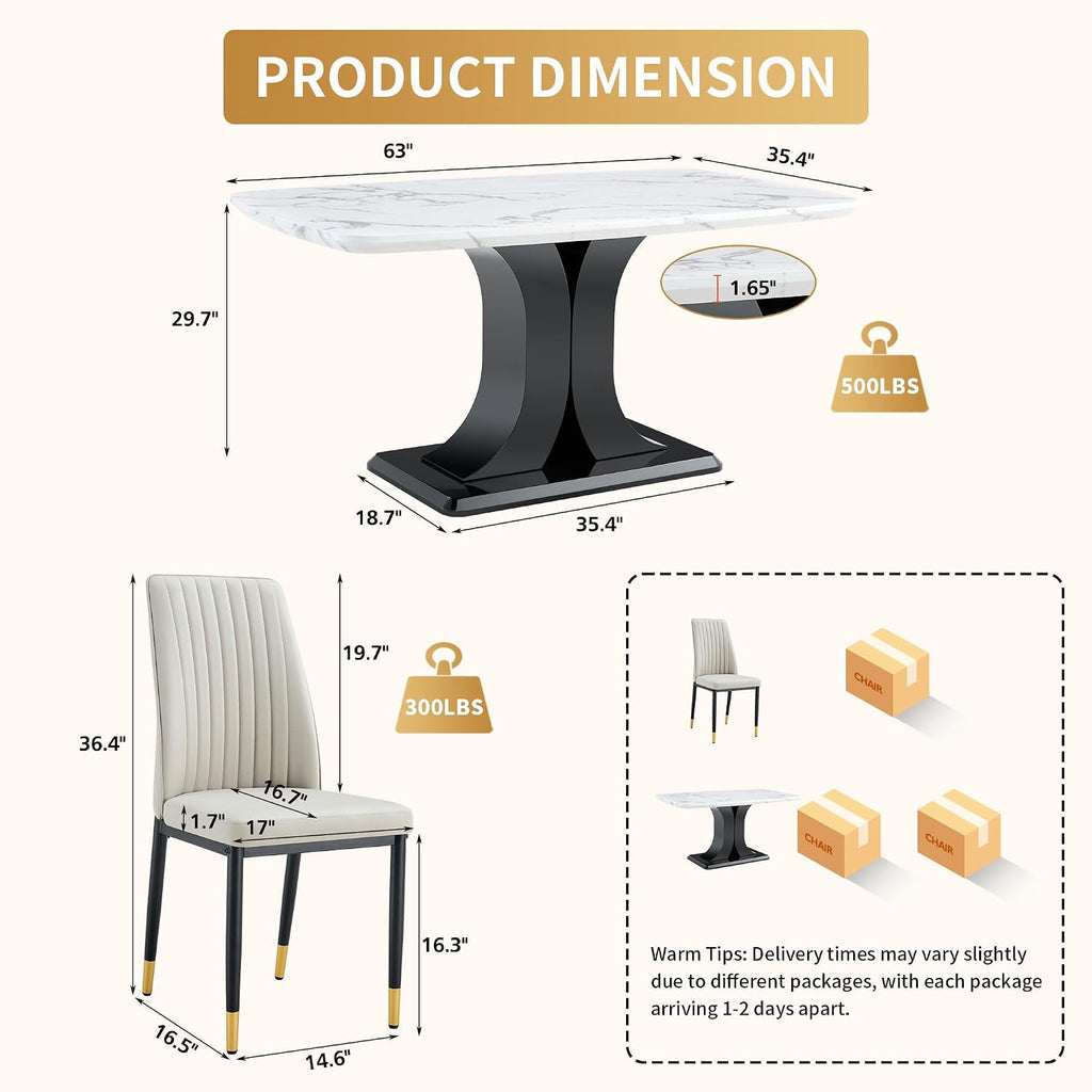 Modern Dining Table Set for 6, Marble Kitchen Table Chair Set for 6, Rectangular Kitchen Table with 6 Pu Leather Upholstered Chair for Dining Room