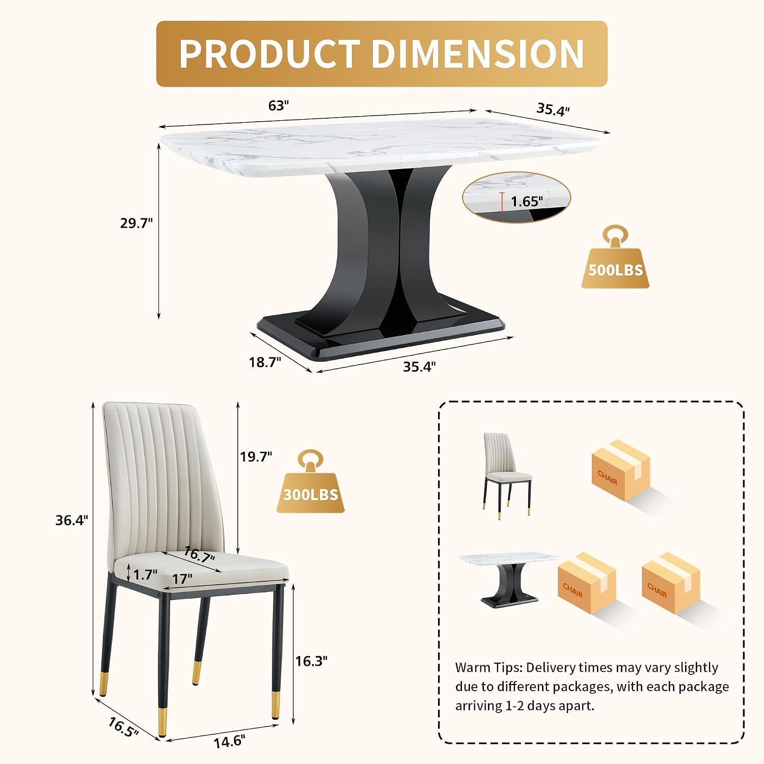 Modern Dining Table Set for 6, Marble Kitchen Table Chair Set for 6, Rectangular Kitchen Table with 6 Pu Leather Upholstered Chair for Dining Room