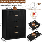 LEYAOYAO Fluted 6 Drawers Dresser for Bedroom, 42" Tall Modern Chest of Drawers with Metal Handle, Curved Profile Design,Black Wood Drawer Organizer for Bedroom, Living Room, Hallway, Entryway