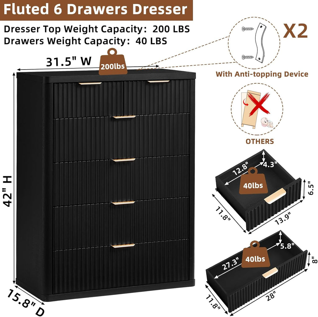 LEYAOYAO Fluted 6 Drawers Dresser for Bedroom Set of 2, 42" Tall Modern Chest of Drawers with Metal Handle, Curved Profile Design,Black Wood Drawer Organizer for Bedroom, Living Room, Hallway