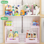 Under Sink Organizer Storage: Adjustable Height, 2 Tier L-Shaped Pull-Out Metal Shelf with Non-Slip Pads & Rust-Resistant Design Maximize Kitchen & Bathroom Cabinet Space
