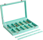 Frebeauty Velvet Jewelry Tray,24 Grid Jewelry Organizer with Clear Lid,Earring Holder Organizer with Clasp,Drawer Insert Rings Pendants Brooches,13.8 x 9.5 x 2 Inches,Gift for Women Girls(Turquoise)