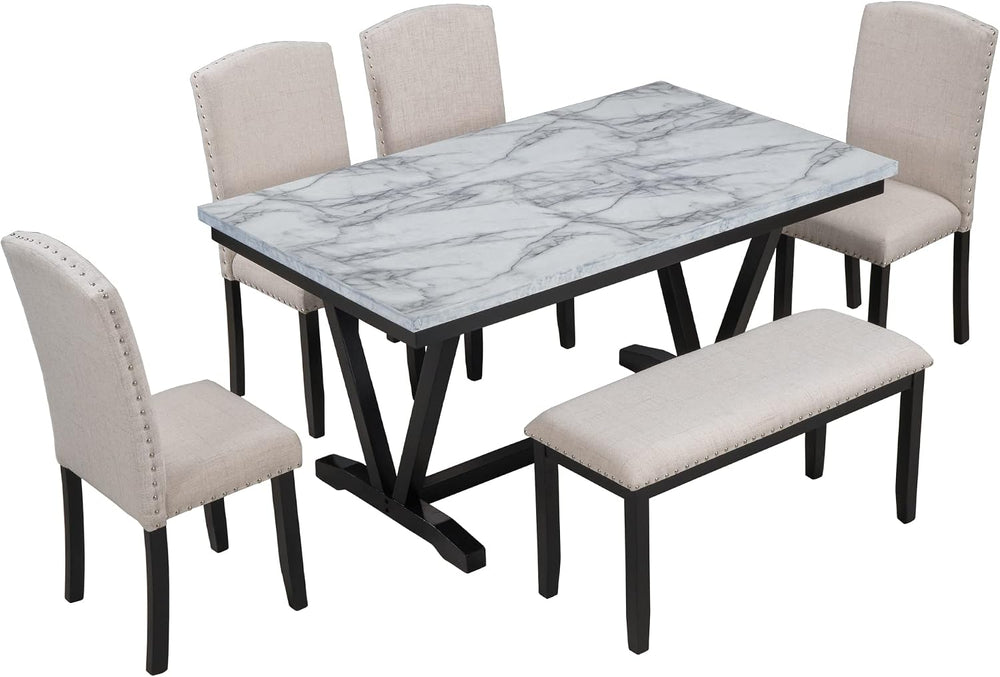 Merax Elegant Dining Table Set for 4-6, White | 6-Piece Modern Dining Table S...