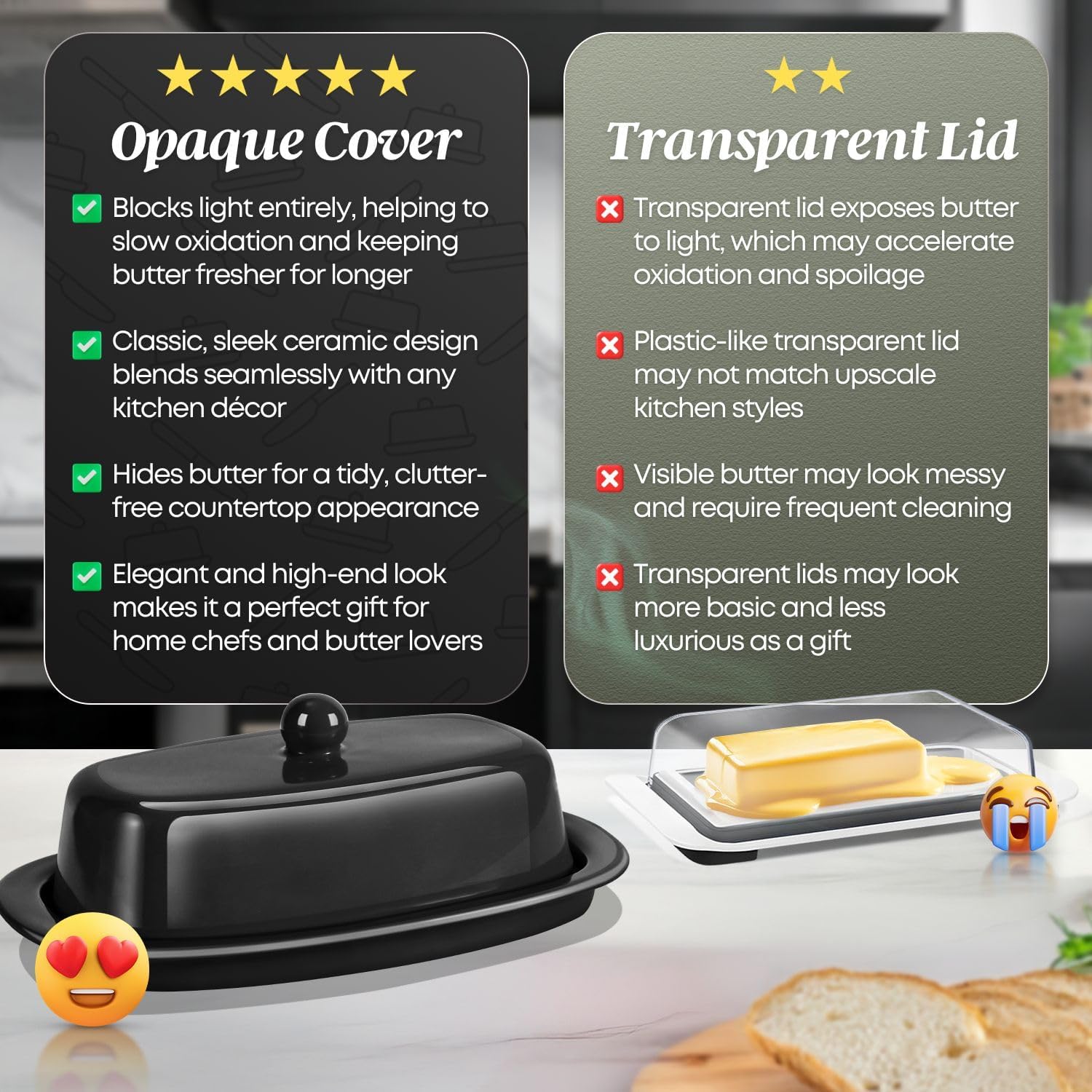 Flexzion Ceramic Black European Butter Dish with Lid for Countertop (7 Inch) - 1 Stick Butter Holder for Counter, Cream Cheese Container Storage Keeper