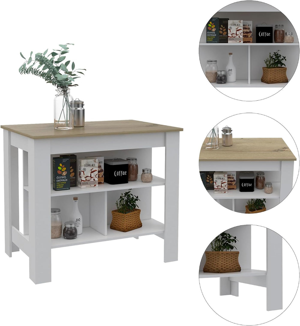 Kitchen Island with Three Shelves and Four Legs - Light Oak/White | Three she...
