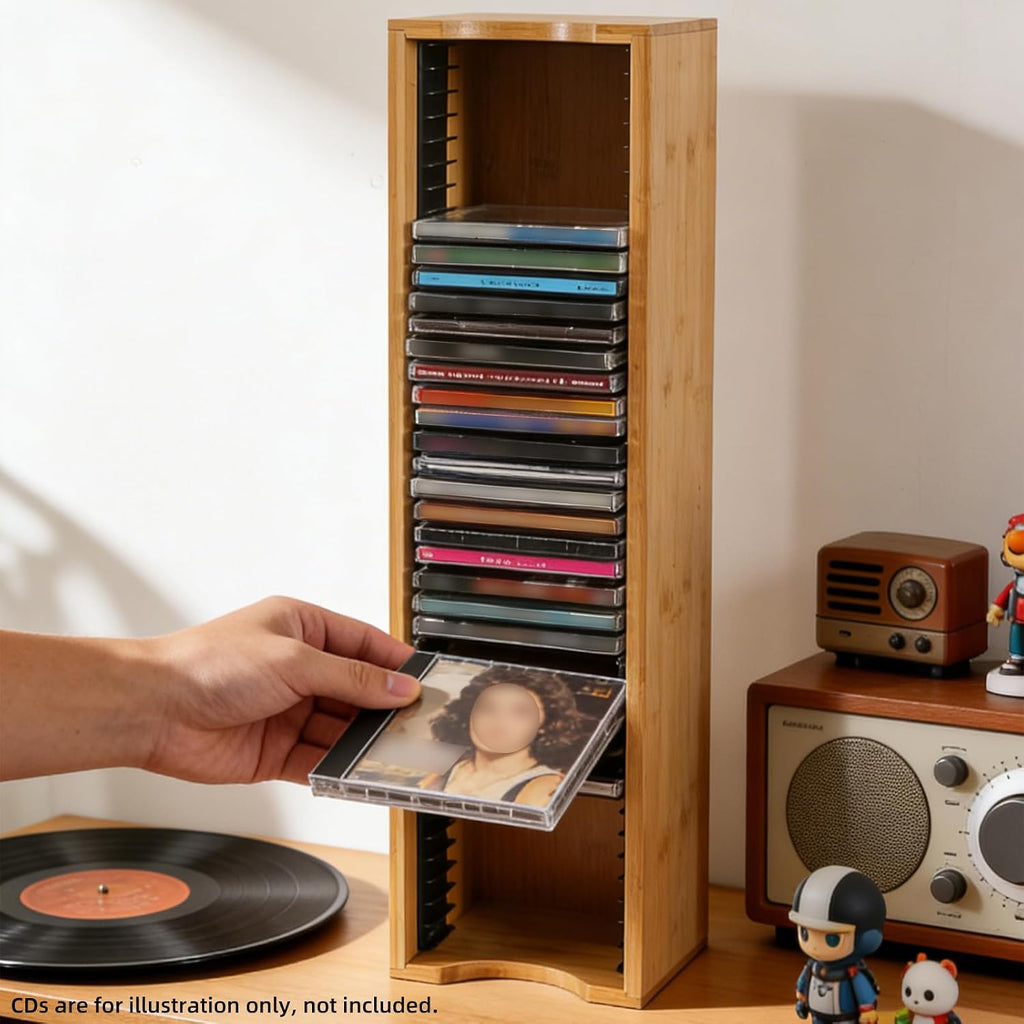 AriSen Bamboo CD Storage Rack, CD Record Rack, DVD Media Disc Rack, Storage & Display Rack for Vintage Music Records, CD Collection Case