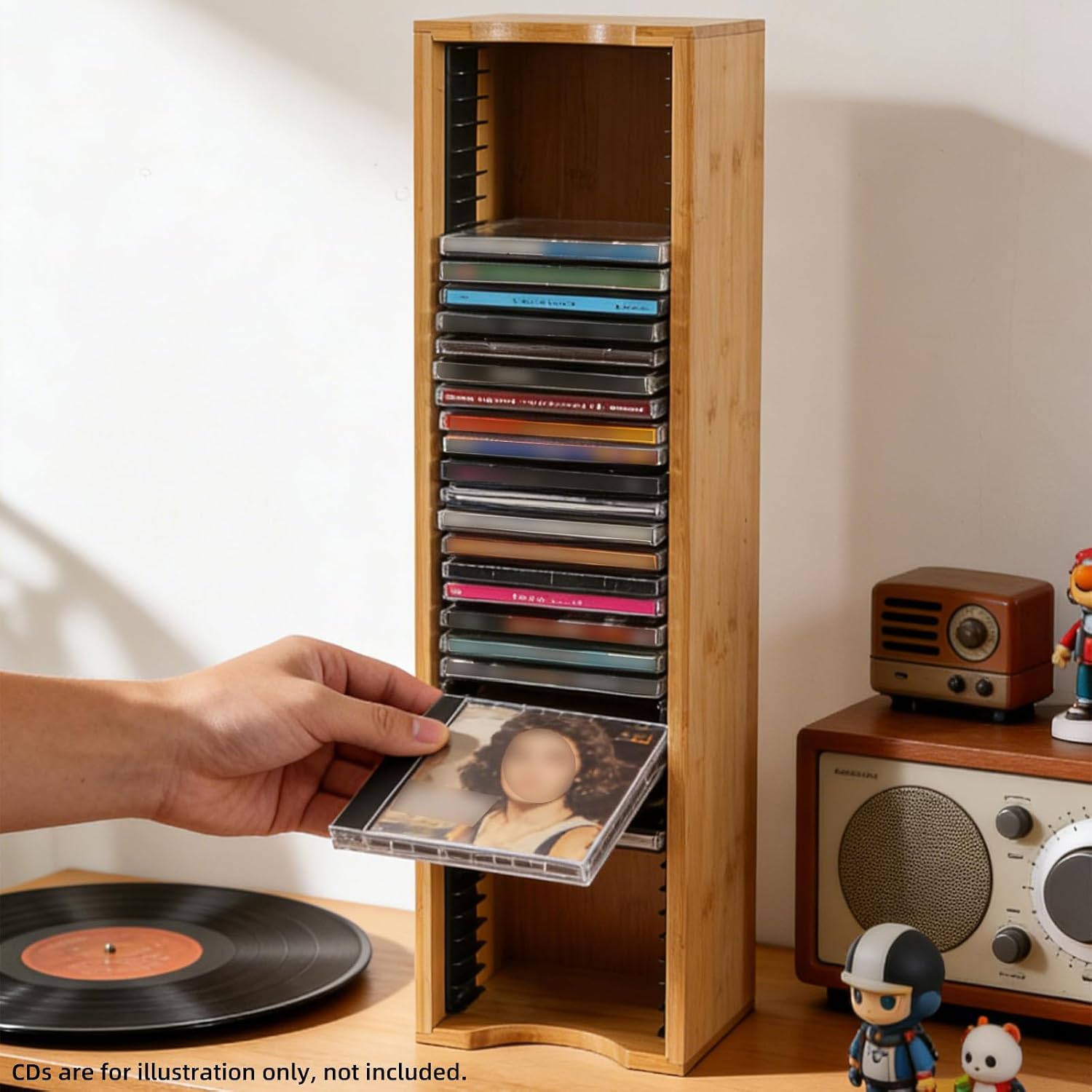 AriSen Bamboo CD Storage Rack, CD Record Rack, DVD Media Disc Rack, Storage & Display Rack for Vintage Music Records, CD Collection Case