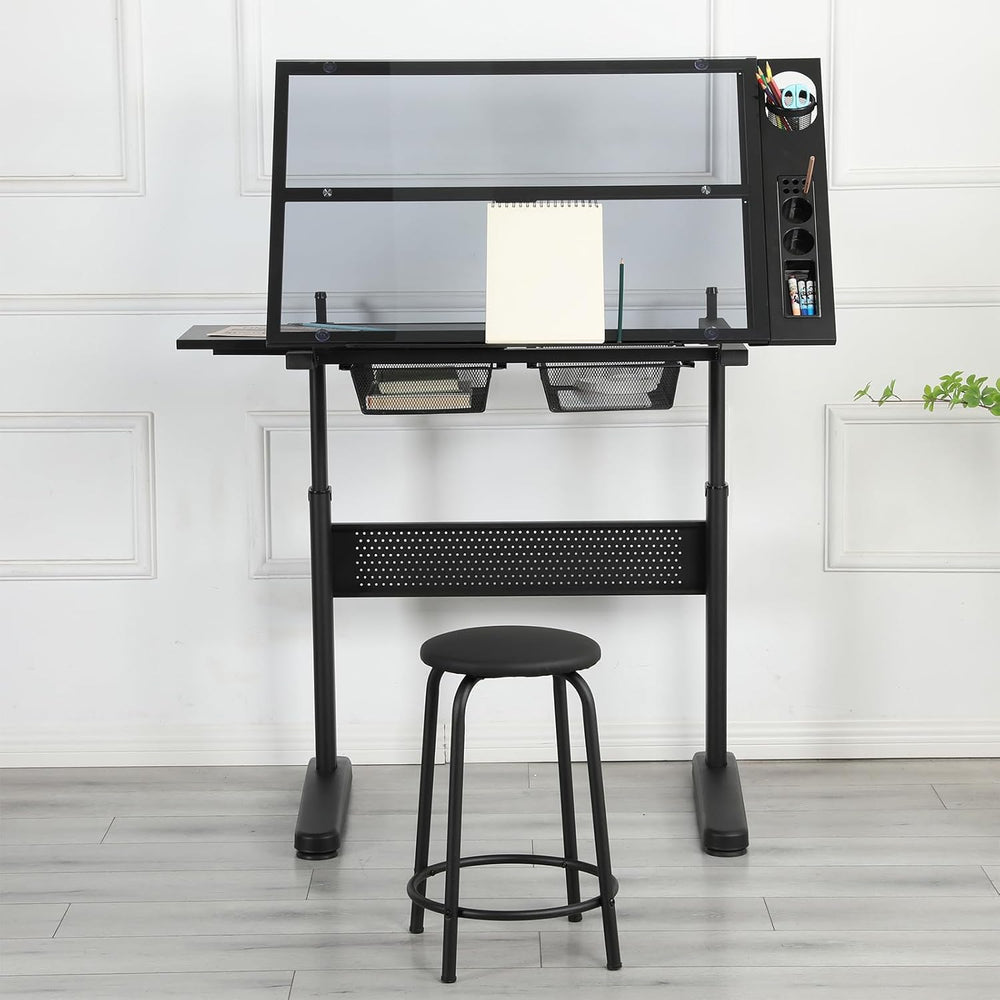 Adjustable Drafting Table with Hand-Crank Lift, 0-75° Tilting Tempered Glass ...