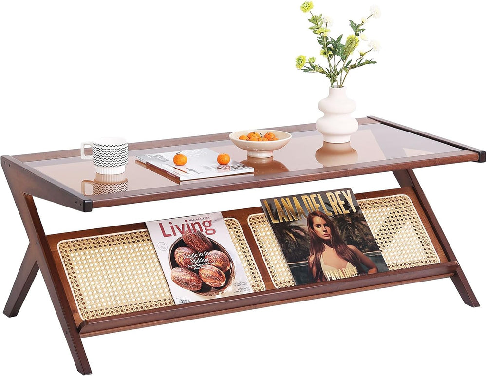 Tiita Brown Rattan Coffee Table, Bamboo Glass Top Table with Storage