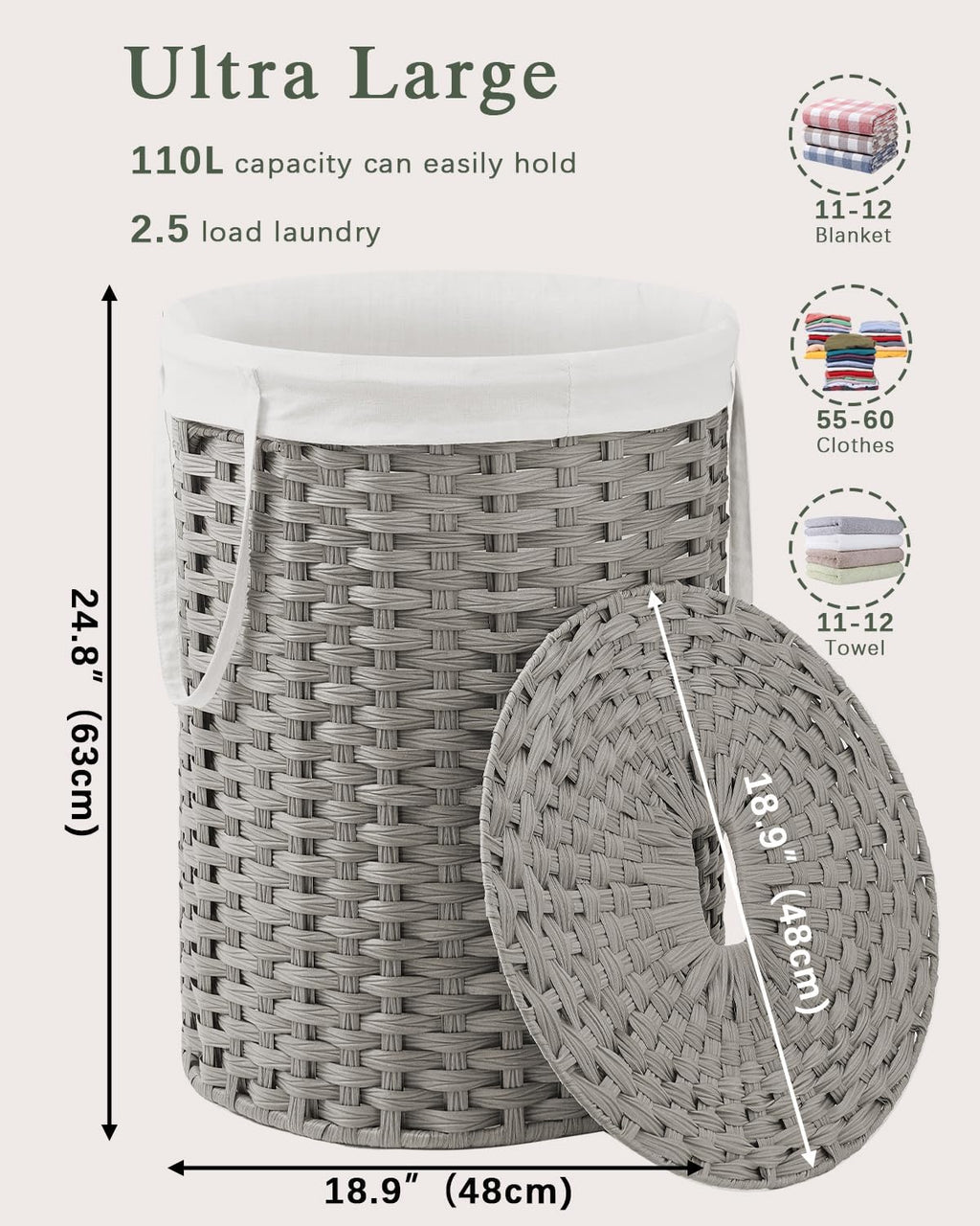 Laundry Basket with Lid Round Rattan Laundry Hamper with Lid and Handles 29.1 Gal (110 L) Handwoven Woven Basket with Removable Bags and 2 Mesh Bags for Bathroom Living Room Gray