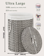 Laundry Basket with Lid Round Rattan Laundry Hamper with Lid and Handles 29.1 Gal (110 L) Handwoven Woven Basket with Removable Bags and 2 Mesh Bags for Bathroom Living Room Gray