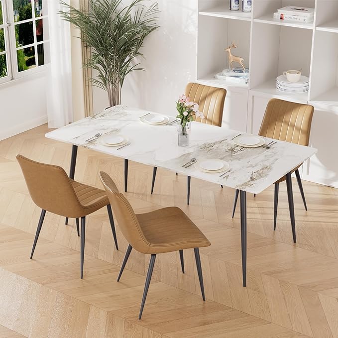 Dining Chairs Set of 4, Leather Modern Kitchen & Dining Room Chairs, Comfortable Upholstered Kitchen Chairs with Metal Legs Armless Side Chairs for Living Room Bedroom Restaurant Cafe, Brown
